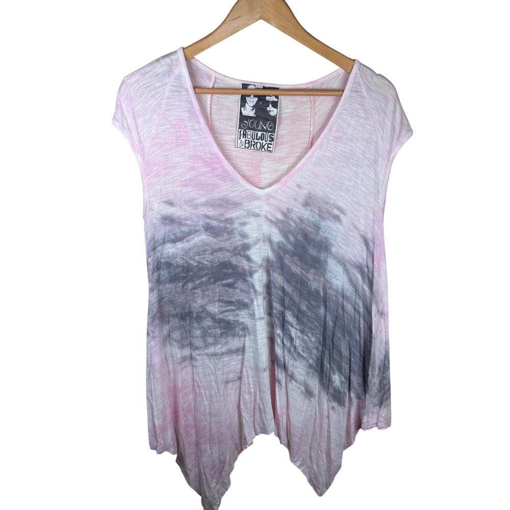 Young Fabulous & Broke Tie Dye Top Womens XS Pink Sharkbite Hem Grunge Boho Slub